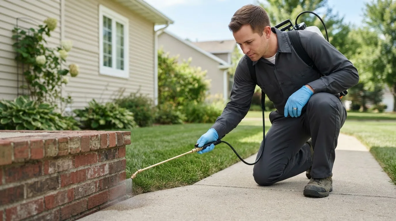 Pest control technician treating a home near North Judson, IN